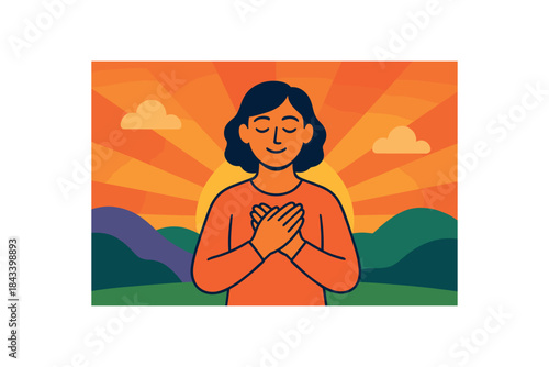 Flat vector illustration of colorful sunrise gratitude moment with person holding hands over heart vivid tones rounded shapes clean outline