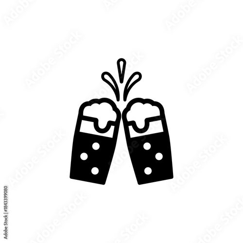 Two beer glasses clinking cheers icon. Simple vector silhouette illustration of a beverage toast for party, celebration, pub, bar, and event concepts on a white background.