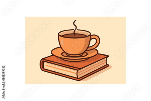 Flat vector illustration of tea cup and saucer on book soft rounded forms clean outline warm home decor style