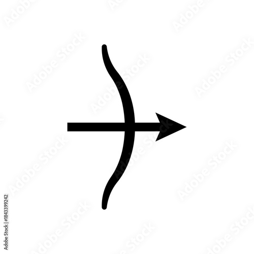 Bow and arrow crossed and drawn. Simple black silhouette vector icon of a drawn bow with an arrow aimed and ready to launch. Minimalist isolated illustration on white background.
