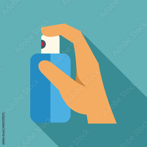 Hand using disinfectant spray, antiseptic, cleaner, or sanitizer in a blue plastic bottle