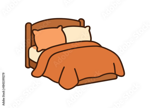 Flat vector illustration of cozy bed with pillows and blanket soft rounded silhouette clean outline warm home decor style
