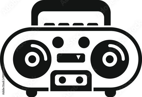 Black and white boombox with cassette player and radio tuner, playing music
