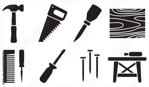 Black woodworking tool symbols for carpentry and repair