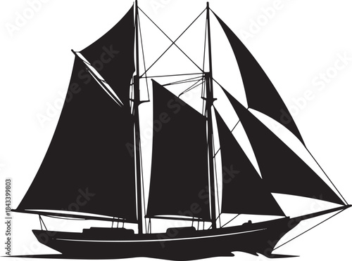 black silhouette of vintage sailboat on white background, vector
