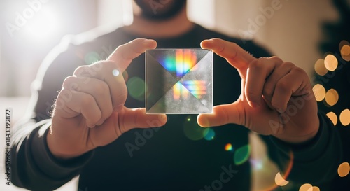 Person Holding a Glass Prism with Colorful Light Reflections in Cozy Room Setting