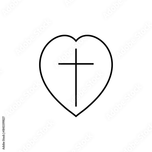 Church heart icon with religious cross. Outline vector illustration.