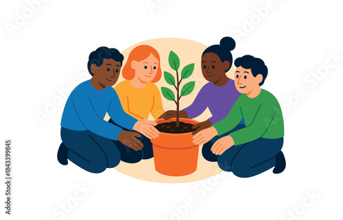 Flat vector illustration of colorful team planting small office tree/plant as monthly eco ritual vivid pot and hands rounded figures
