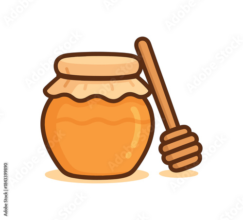 Flat vector illustration of jar of honey with dipper soft rounded shapes clean outline cozy food style