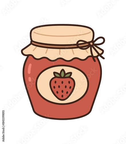 Flat vector illustration of strawberry jam jar with cloth lid soft rounded forms clean outline cozy food style