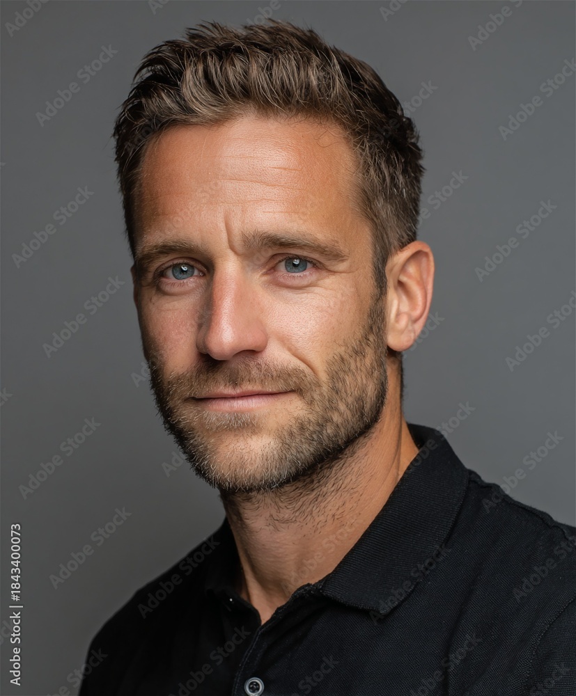 Fototapeta premium Handsome confident British man portrait casual polo shirt serious expression gray background professional headshot