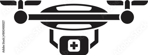 Black silhouette of a drone carrying a first aid kit, symbolizing fast and efficient medical delivery in modern healthcare