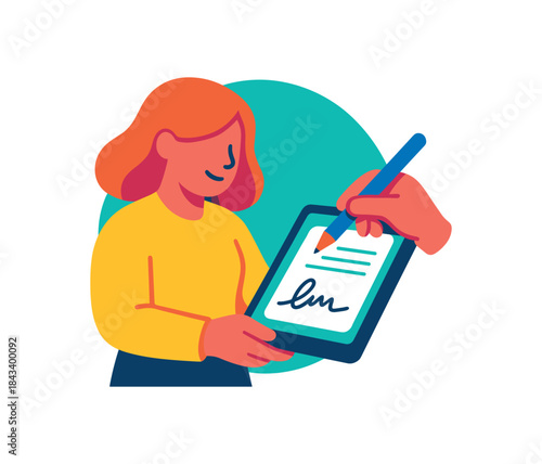 Flat vector illustration of colorful employee using digital signature on tablet vivid stylus rounded forms paperless habit