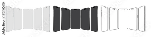 Realistic Smartphone Mockup Set Vector – White, Black and Outline Mobile Phone Frames with Side Views and Perspective Angles, Blank Screen Device Template Isolated on White Background