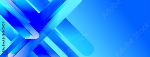 Abstract blue shapes overlap, creating dynamic visual effect. Gradient shades suggest depth, modern design aesthetic.