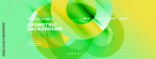 Abstract geometric background features vibrant green, yellow hues. Text elements include work, about, portfolio, contact options. Button reads Read More.