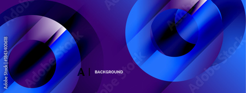 Abstract circles overlap, creating vibrant blue purple gradients. Modern design suggests technology, innovation, digital art.