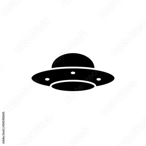 Black silhouette icon of a UFO flying saucer. Minimalist alien spaceship symbol with lights. Isolated simple vector illustration of an extraterrestrial spacecraft on a white background.