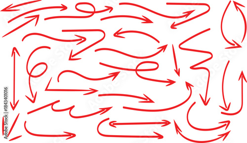 Collection of hand drawn red arrows pointing in various directions for design and navigation concepts.