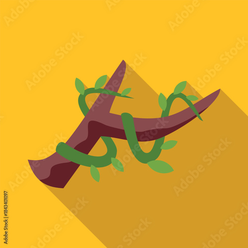 Green liana plant with leaves growing around a brown tree branch, casting a long shadow