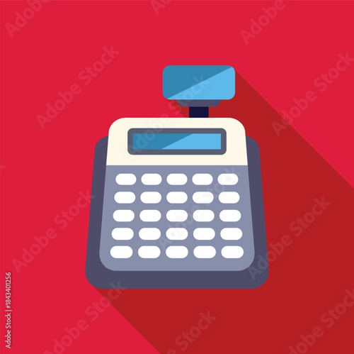 Cash register machine calculating total price with buttons and display, supermarket equipment, retail store counter, modern electronic device