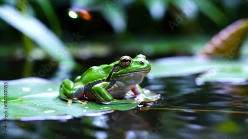 Vivid bright green tree frog rests calmly upon a wet lily pad floating gently on dark pond water outdoors