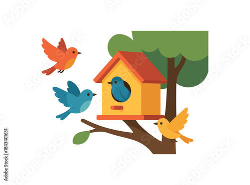 Flat vector illustration of colorful birdhouse on tree with vivid songbirds flying and rounded shapes minimal details clean white background