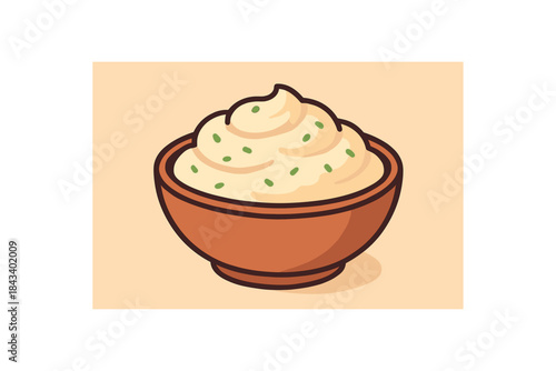 Flat vector illustration of bowl of creamy mashed potatoes with tiny herb sprinkle soft rounded shapes clean outline cozy food style