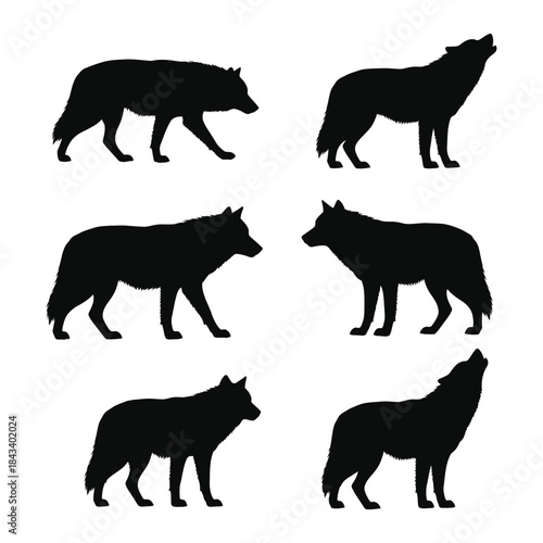 A collection of black wolf silhouettes in various poses and angles