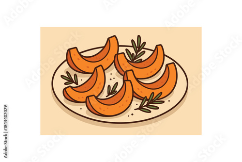 Flat vector illustration of roasted pumpkin wedges on plate with rosemary soft rounded forms clean outline cozy food style