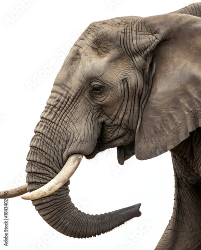 Large elephant stands and looks to the side, showing its trunk and tusks in a wildlife setting