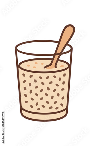 Flat vector illustration of chia seed drink glass with spoon soft rounded forms clean outline cozy food style