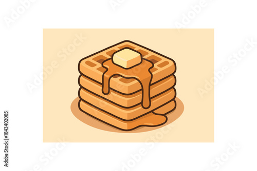 Flat vector illustration of stack of waffles with syrup and butter soft rounded forms clean outline cozy food style
