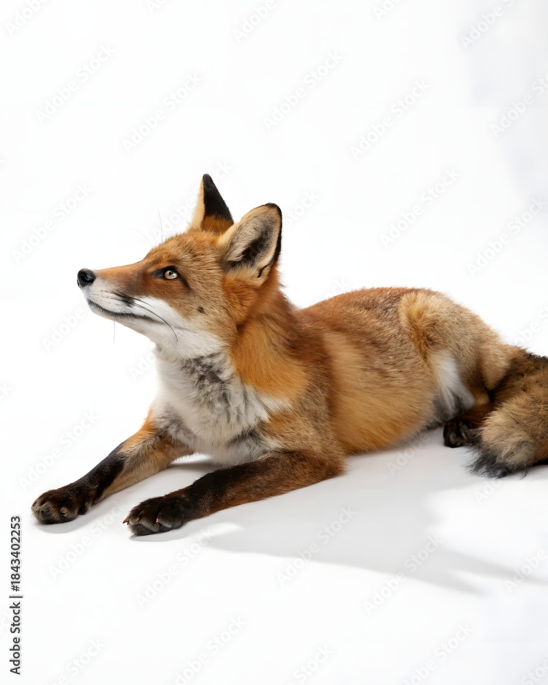 Naklejka premium Fox lying on a white surface with ears perked up and alert posture in a studio setting