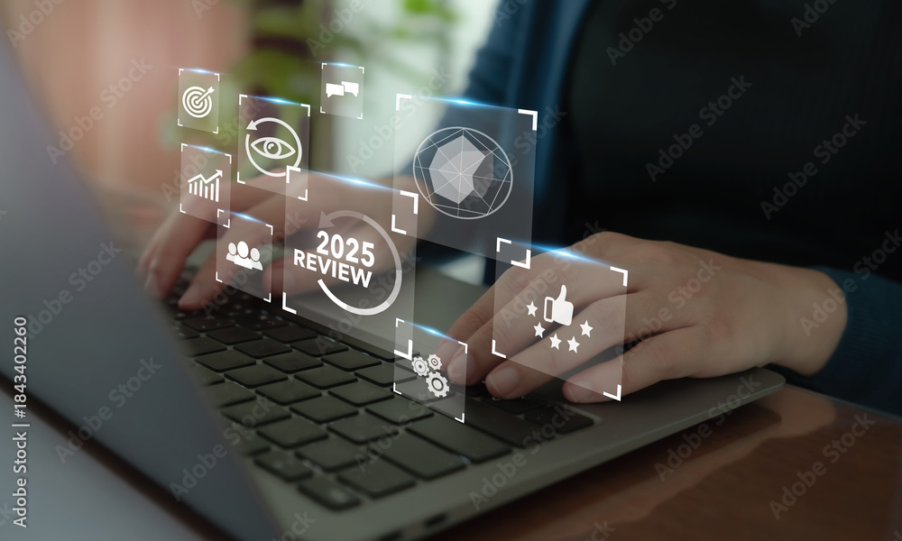 Fototapeta premium Annual review in 2025, business and customer review. Review evaluation time for review inspection assessment auditing. Learning, improvement, planning and development. End of year business concept.
