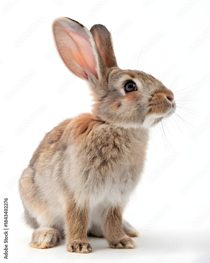 Fototapeta premium Rabbit sitting on white surface with alert expression and raised ears during indoor setting