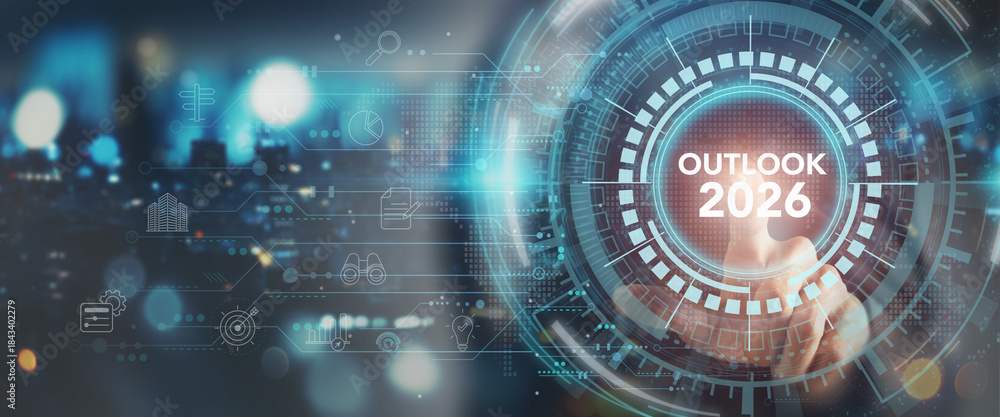 Obraz premium Outlook 2026. Economic, innovation, business outlook concept. Financial, business view or economic growth forecast for 2026. Touching on virtual screen with OUTLOOK 2026 text and business trend icons.
