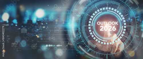 Outlook 2026. Economic, innovation, business outlook concept. Financial, business view or economic growth forecast for 2026. Touching on virtual screen with OUTLOOK 2026 text and business trend icons.