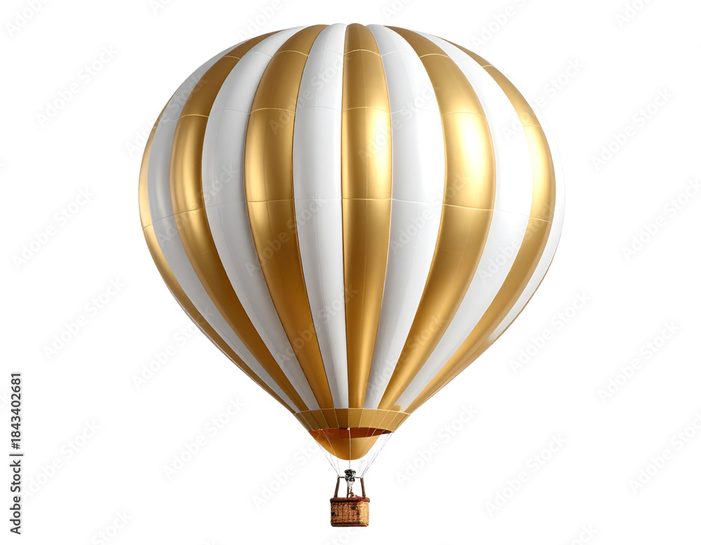Obraz premium Elegant Gold and White Striped Hot Air Balloon Floating Transparent Background.