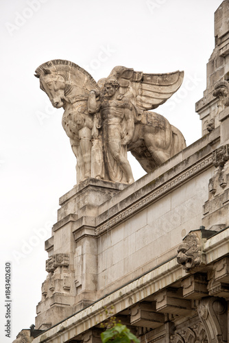 Sculpture and architectural decorations on the exterior walls of Milano Centrale (Milan Central) railway station
