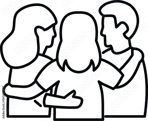 Three people embracing as a symbol of unity, friendship, and strong relationships