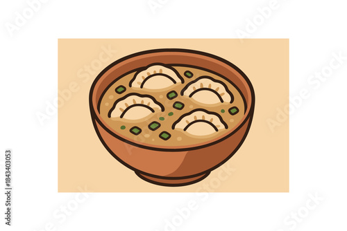 Flat vector illustration of bowl of dumpling soup with green onion soft rounded shapes clean outline cozy food style
