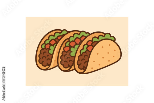 Flat vector illustration of taco trio soft shells with simple fillings soft rounded forms clean outline cozy food style