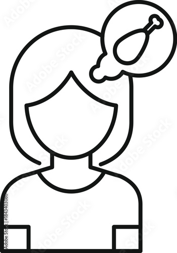 Woman having a thought bubble containing a chicken leg, indicating food craving or hunger