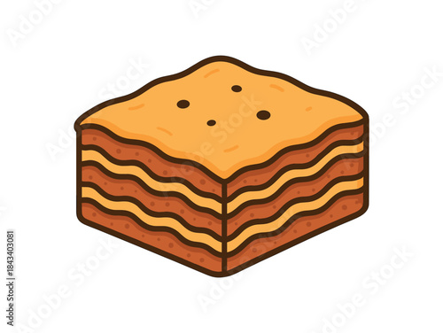 Flat vector illustration of baked lasagna slice with layered edges soft rounded forms clean outline cozy food style
