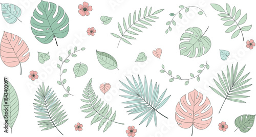 A Minimalist Vector Collection of Tropical and Exotic Foliage, Including Monstera Leaves, Palm Fronds, and Small Hibiscus Flowers in Soft Pastel Tones.