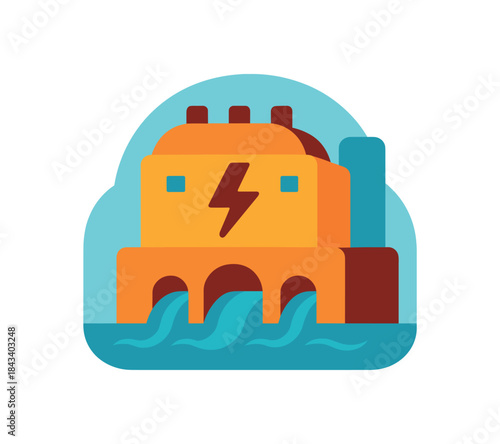 Flat vector illustration of bright hydroelectric powerhouse building with bold lightning symbol rounded silhouette minimal detail