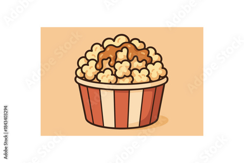 Flat vector illustration of bowl of popcorn with caramel drizzle soft rounded shapes clean outline cozy food style