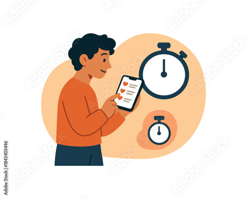 Flat vector illustration of bright wait before buying habit with person looking at wishlist on phone and calm timer icon rounded shapes