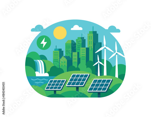 Flat vector illustration of colorful green energy city powered by solar wind hydro icons vivid skyline rounded forms